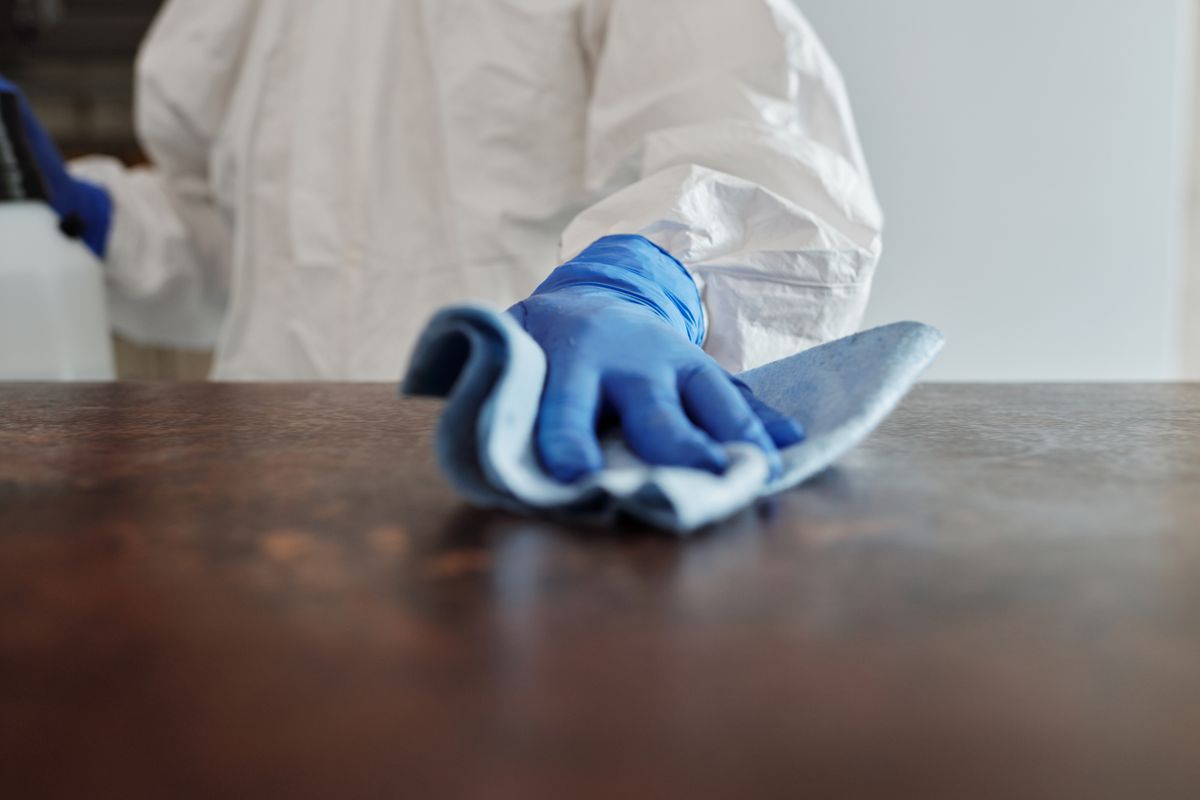 Gloved hand wiping a dark table top with a blue cloth