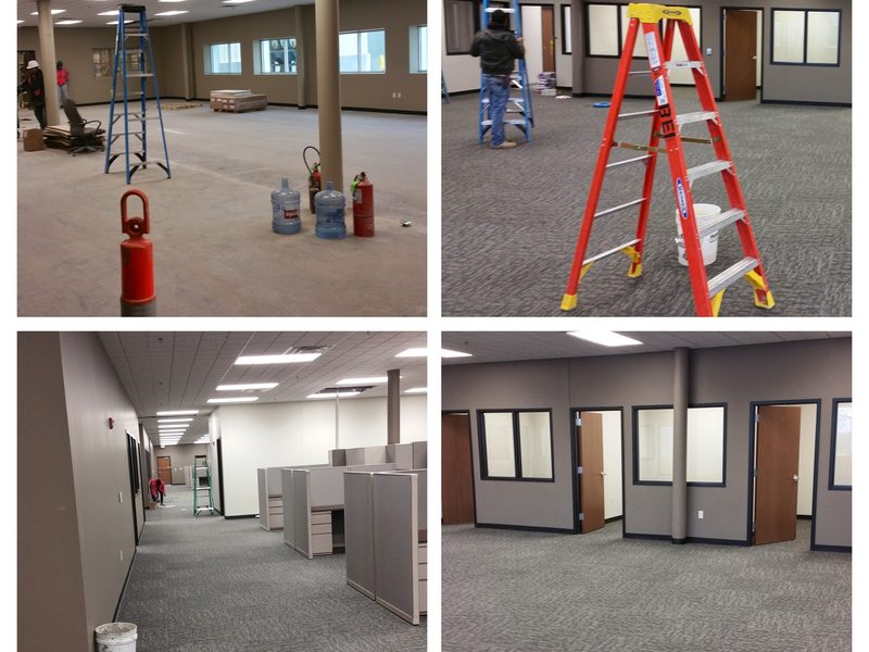 Post-construction cleaning crew vacuuming and detailing a new commercial build in Charlotte NC