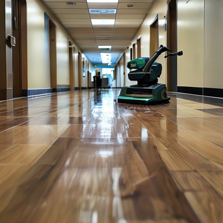 Floor cleaning and maintenance machine polishing a commercial floor in Charlotte NC