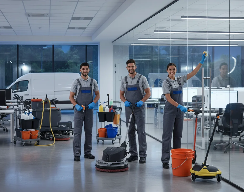 Professional janitorial cleaning team with equipment in Charlotte NC