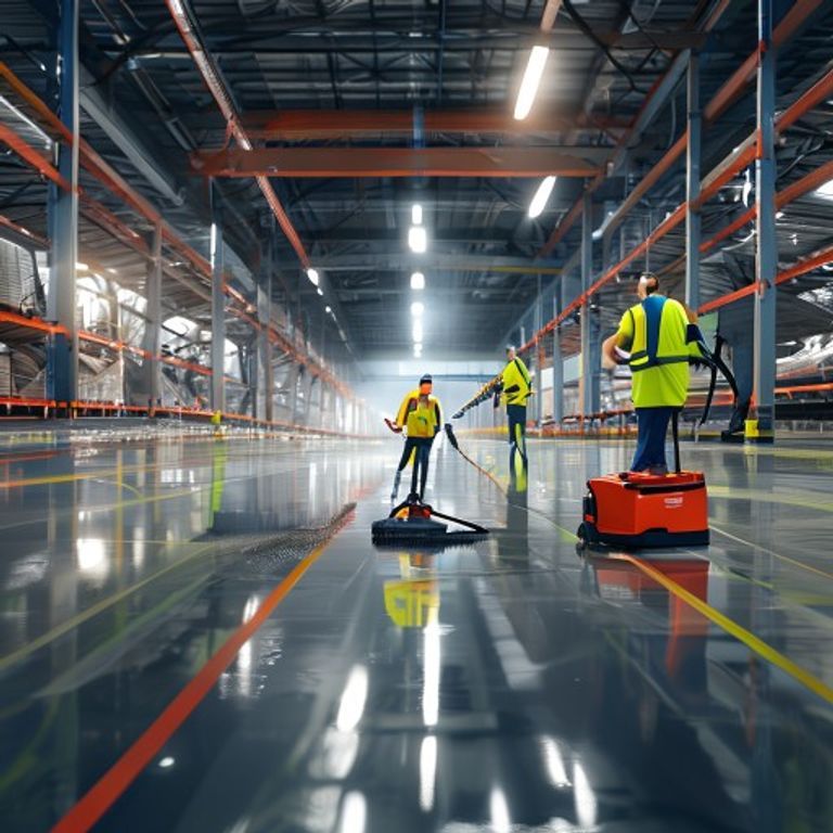 Warehouse cleaning crew machine-scrubbing floors in a Charlotte NC distribution facility